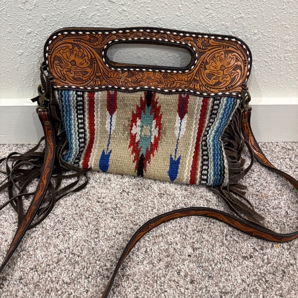 Rafter T Ranch Co. Tooled Leather & Southwestern Fringe Crossbody Bag - Picture 1 of 5